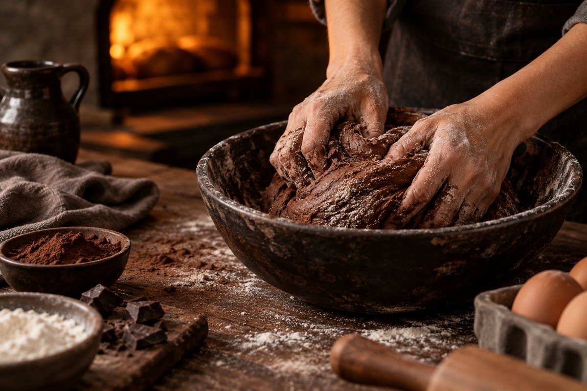 Tangan menguli adunan coklat dalam mangkuk kayu gelap, pergelangan sahaja