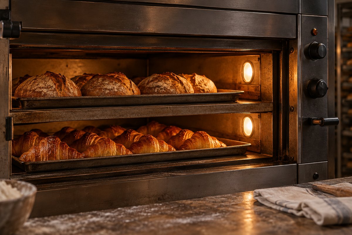 Oven dek dua tingkat dengan dua dulang tanpa nombor suhu yang boleh dibaca