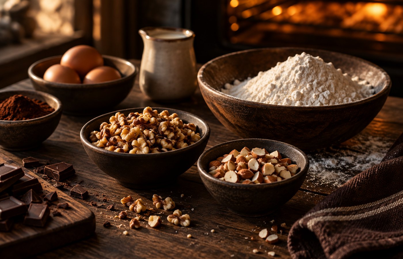Mangkuk walnut dan tepung tanpa label di atas kayu gelap, cahaya sisi
