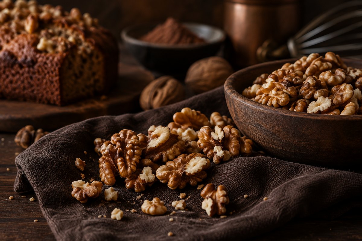 Kepingan walnut di atas kain gelap, kek walnut di belakang, konteks pastry