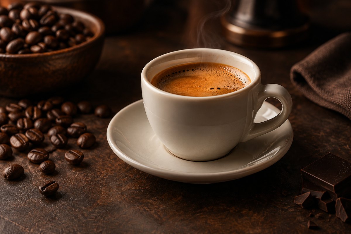 Cawan seramik polos dengan crema, bar gelap, tiada logo latte