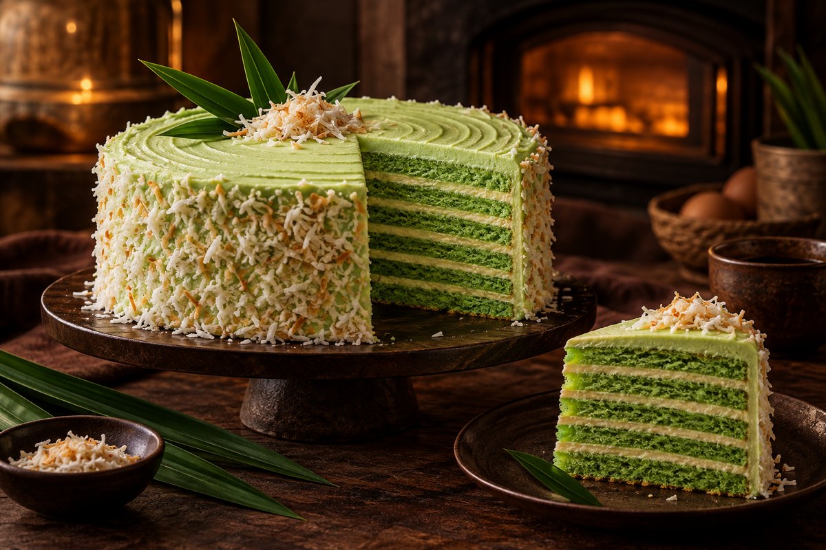 Kek pandan berlapis tanpa logo, kelapa parut di tepi, daun pandan di atas