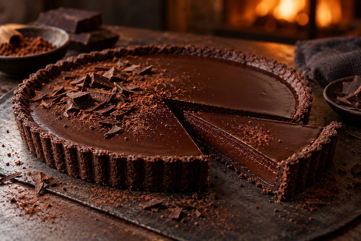 Tart coklat gelap dipotong satu segi, serbuk koko, tanpa paip jenama