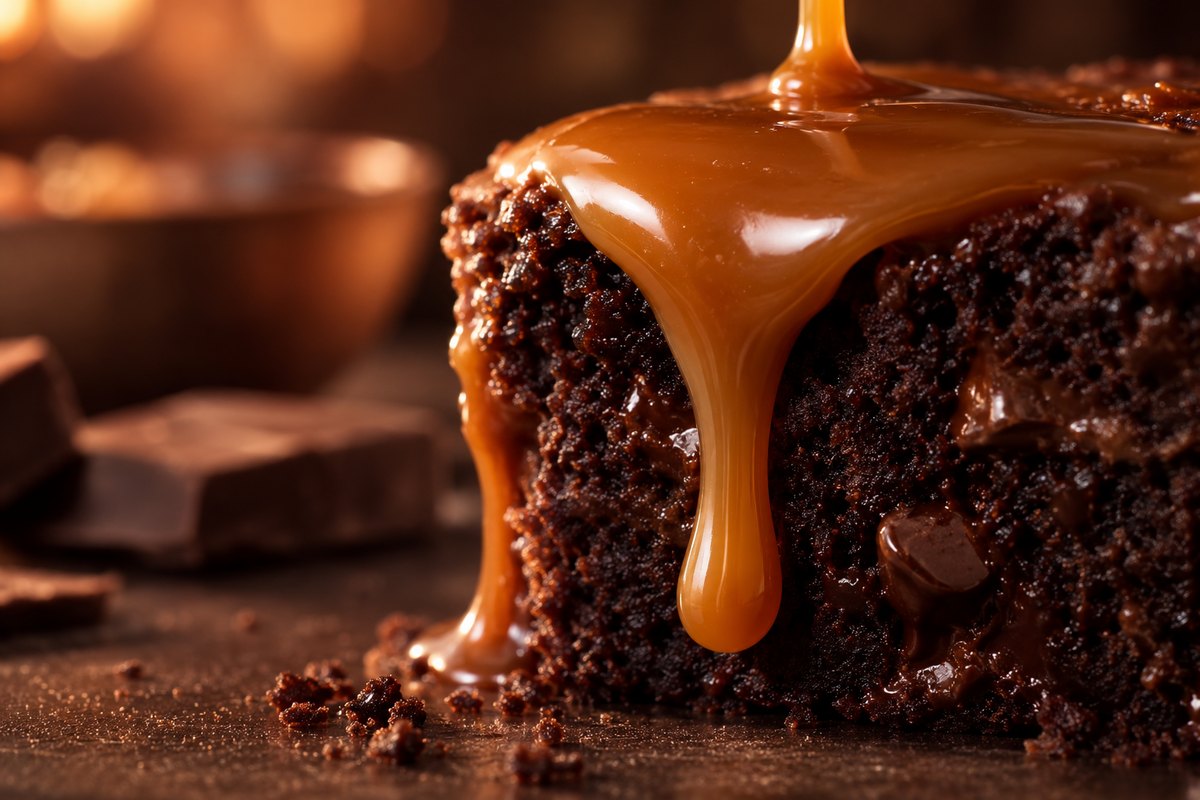 Makro titisan karamel pada kek coklat, tanpa huruf